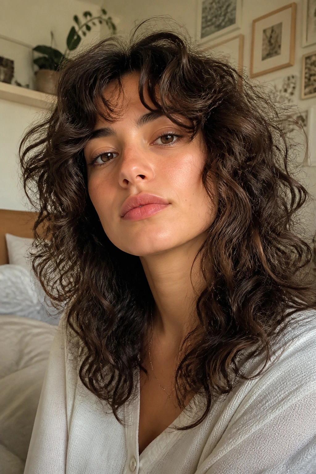 Close-up of a woman with a soft deconstructed shag for loose curls in a cozy bedroom.
