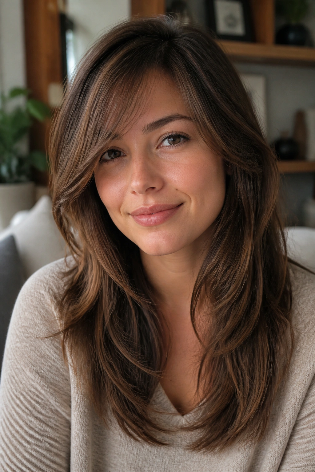 Close-up of soft diagonal bangs blending into front layers