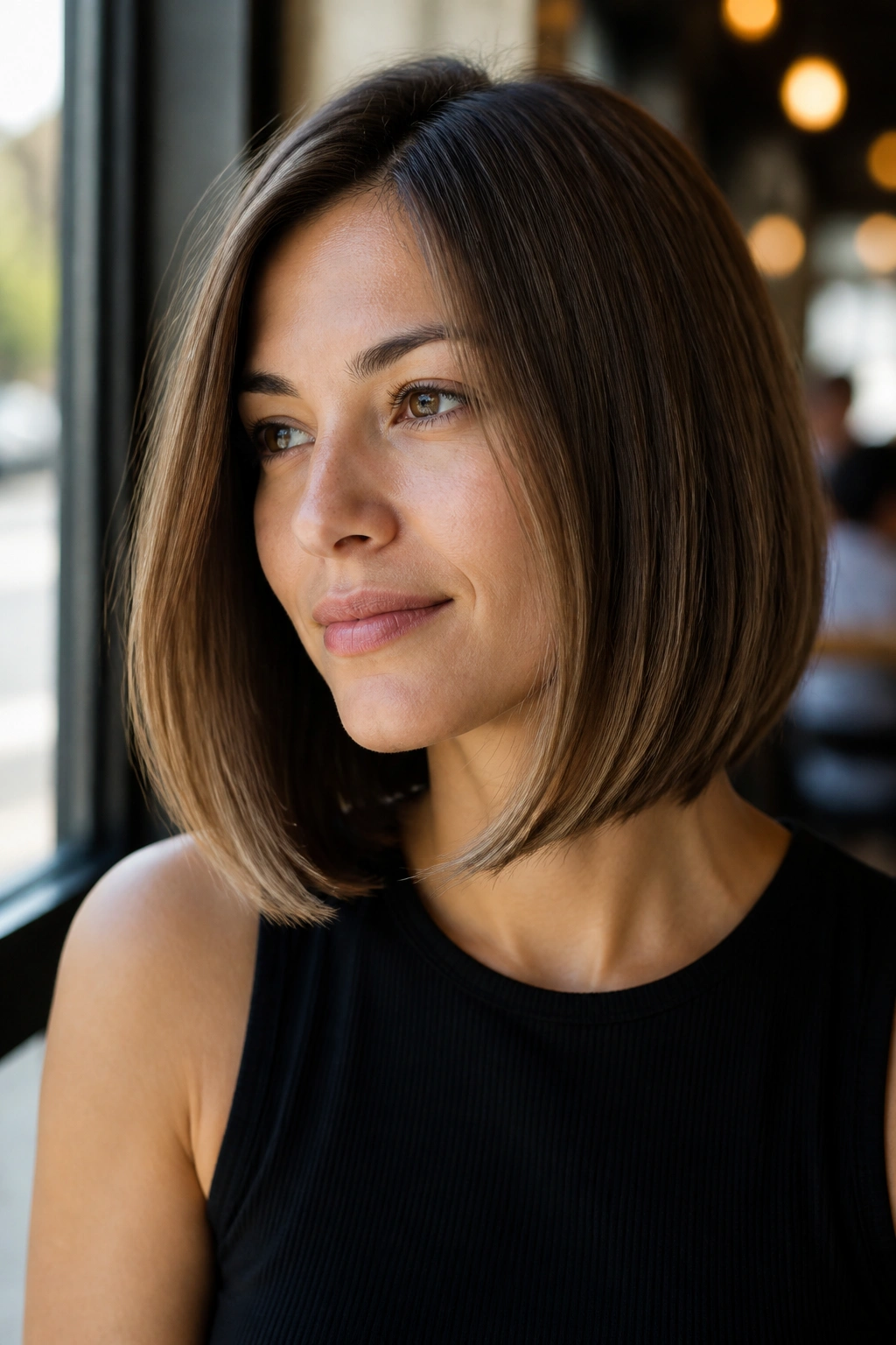 Close-up portrait of a real woman with a soft-edge lob bob at chin-to-collarbone length in a sunlit cafe