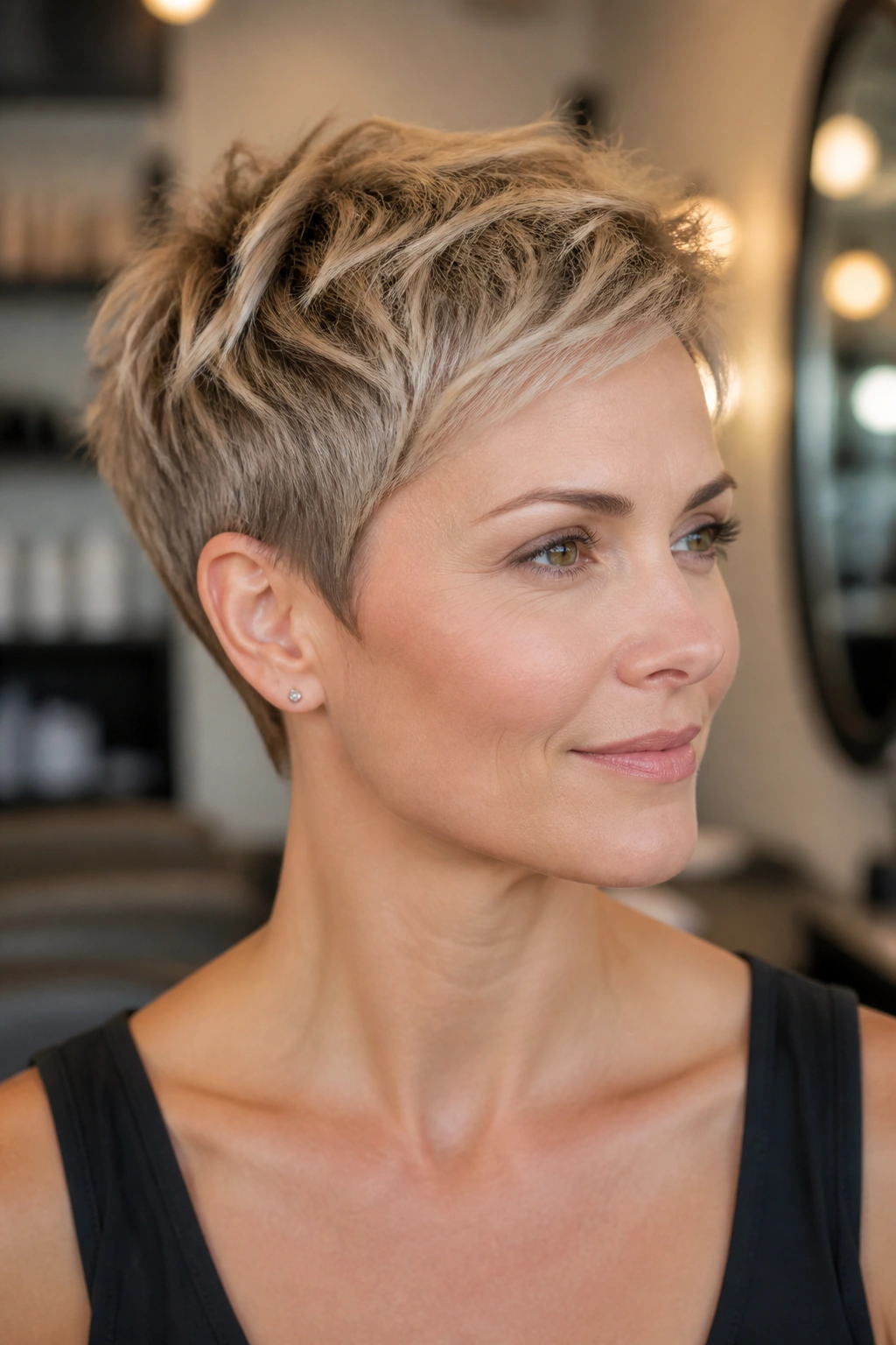 Close-up portrait of a real woman with a soft-edge pixie haircut featuring tapered edges and textured crown in a salon setting