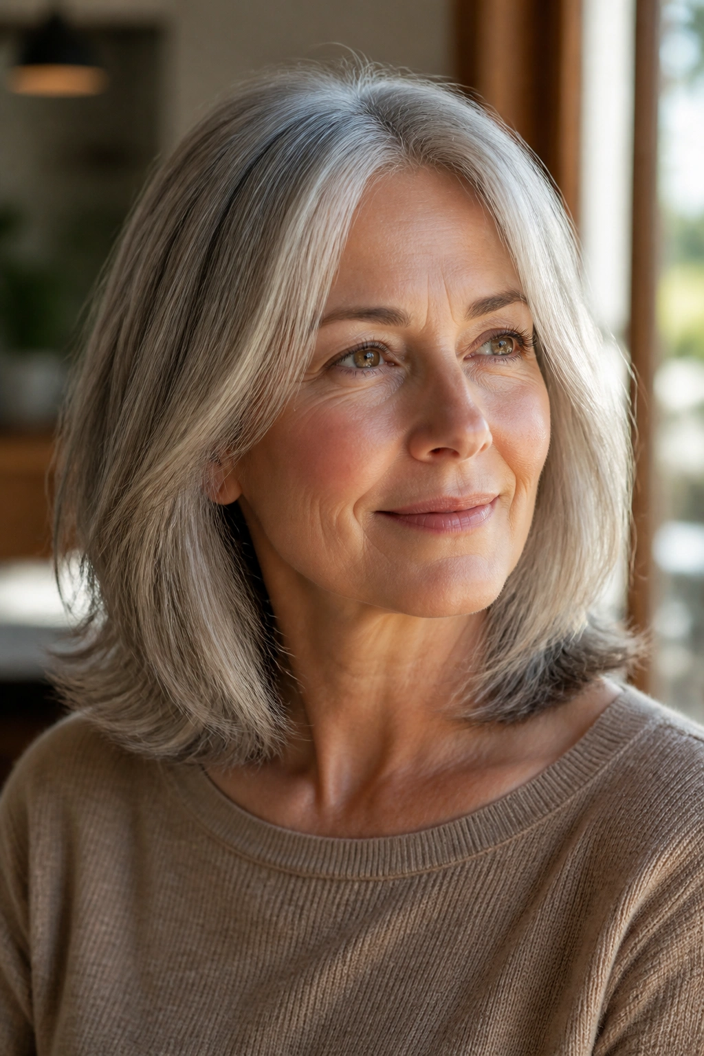 Close-up portrait of real woman with shoulder-length low-maintenance cut and soft ends, gray hair