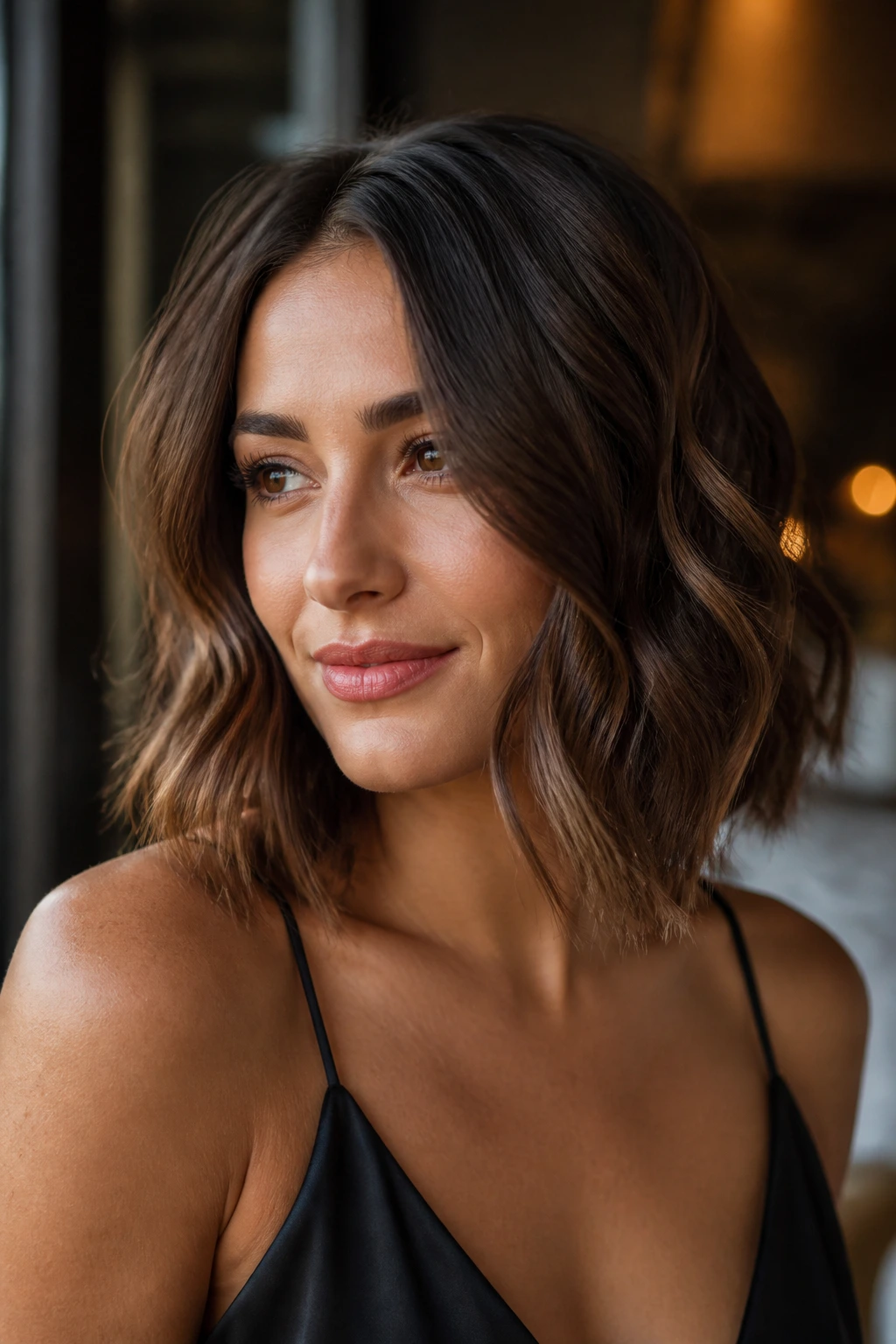 Close-up of soft evening crinkle lob on a real woman with glossy finish