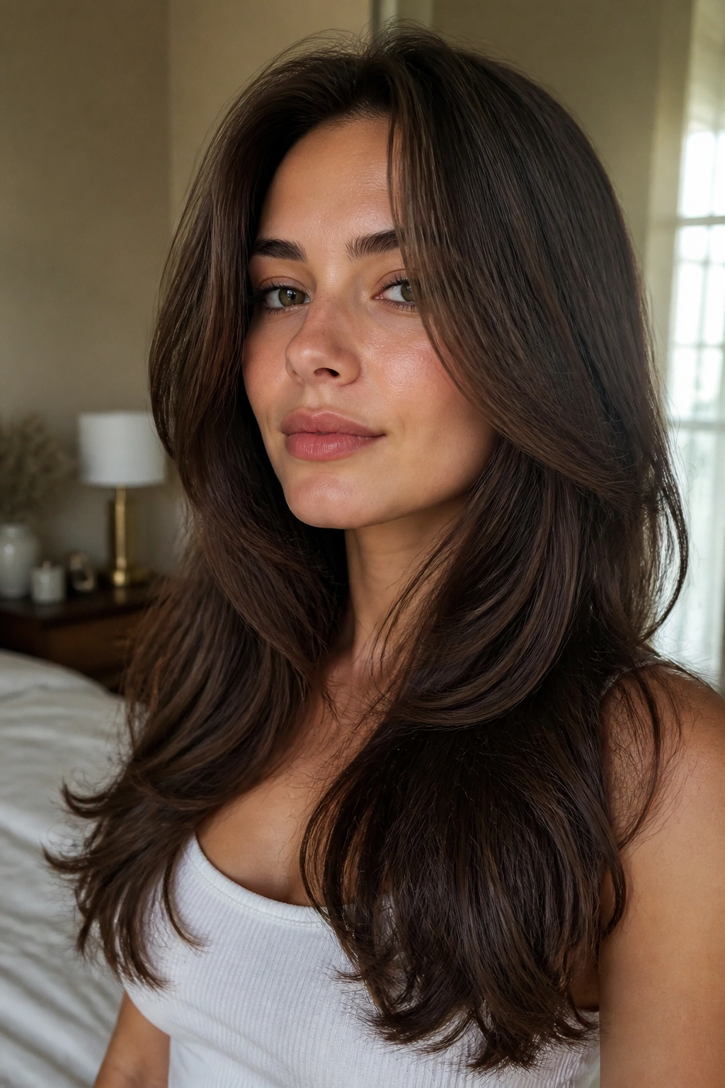 Close-up portrait of a real woman with soft face-framing layers around the jawline.