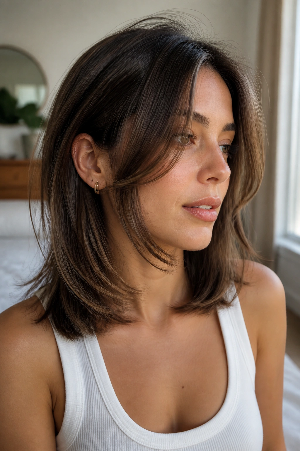 Close-up portrait of a real woman with soft face-framing layers starting below the cheekbone in natural window light.