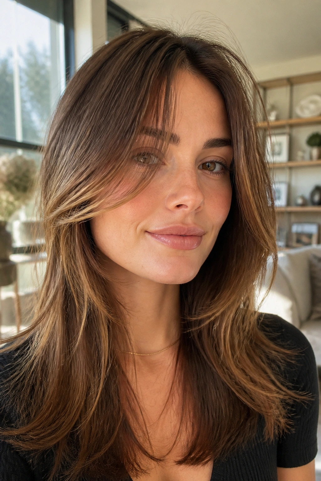 Close-up of woman with soft face-framing layers around jawline