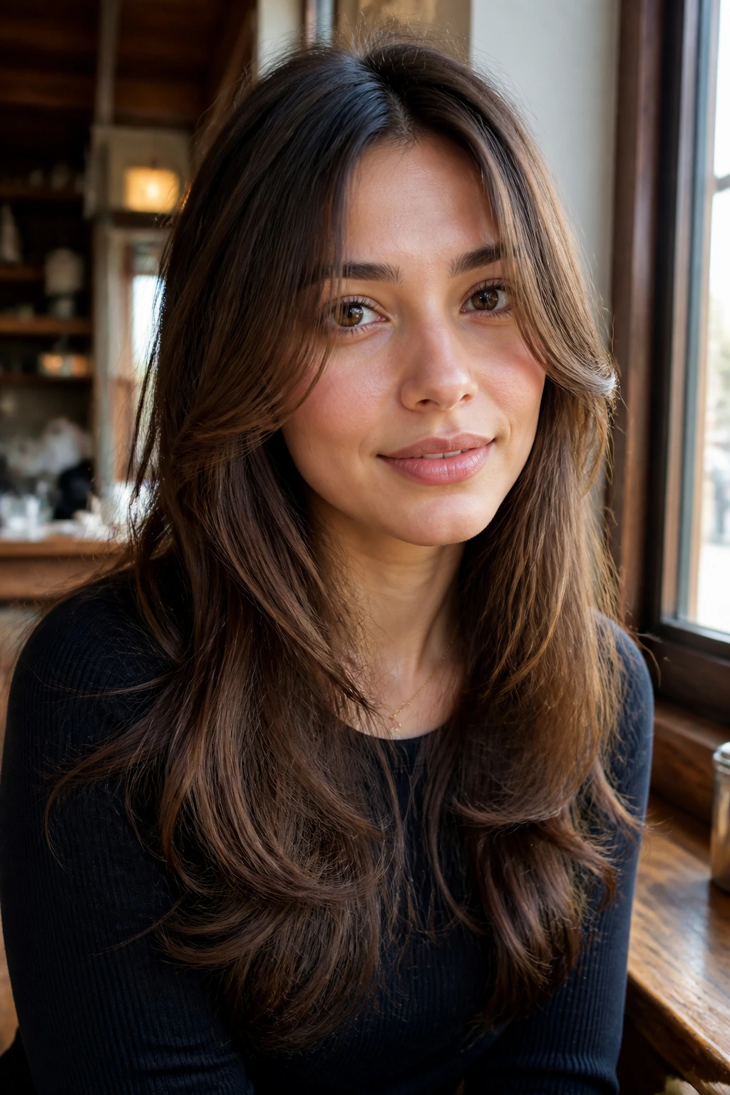 Close-up portrait of a real woman with soft face-framing that keeps the length.