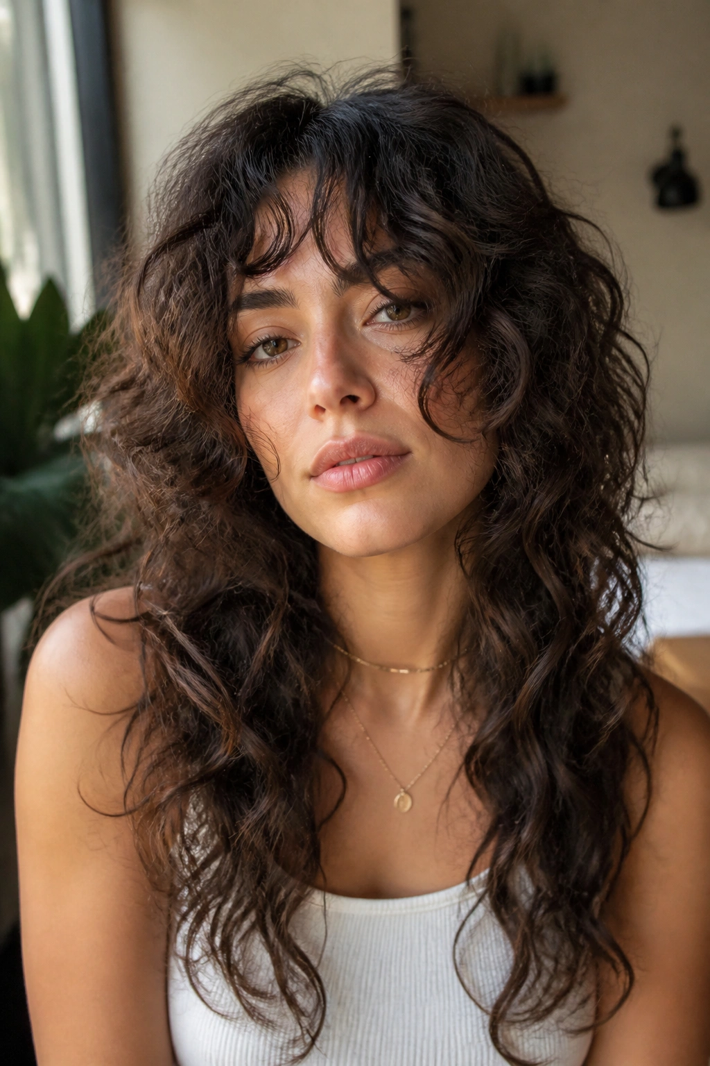 Close-up of a real woman with soft face-framing curly shag in warm light