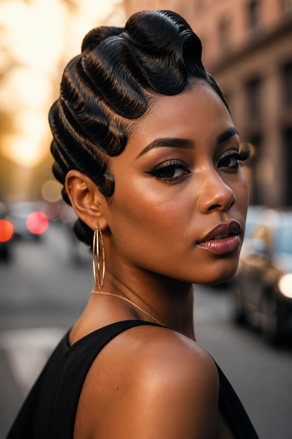 Close-up of a soft faux hawk finger waves hairstyle on a real woman