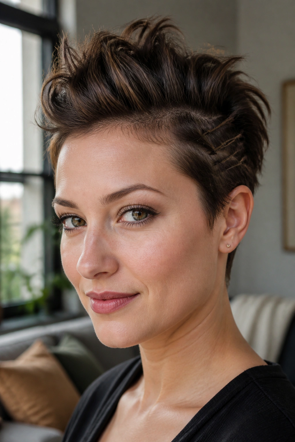 Close-up of a real person with a soft faux hawk in natural indoor light
