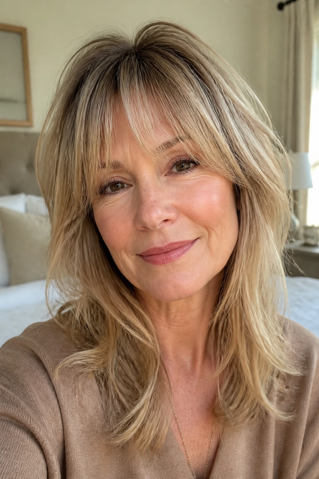 Close-up portrait of a woman with soft feathered bangs in bright room light