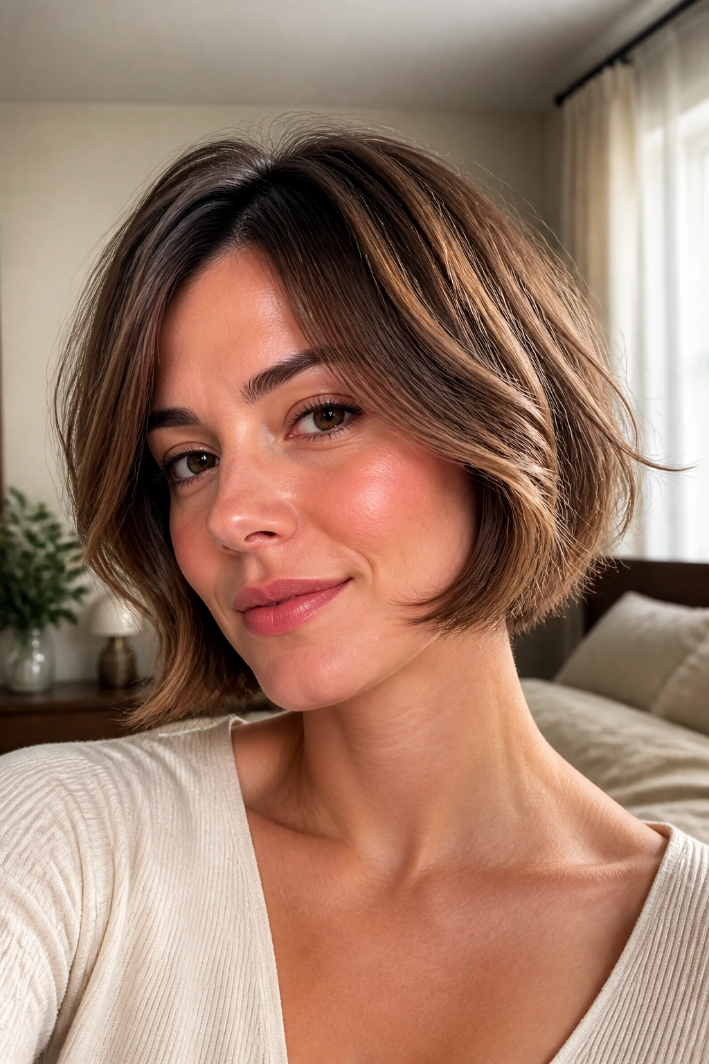 Close-up portrait of a real woman with a soft feathered ear-length bob in a cozy bedroom setting