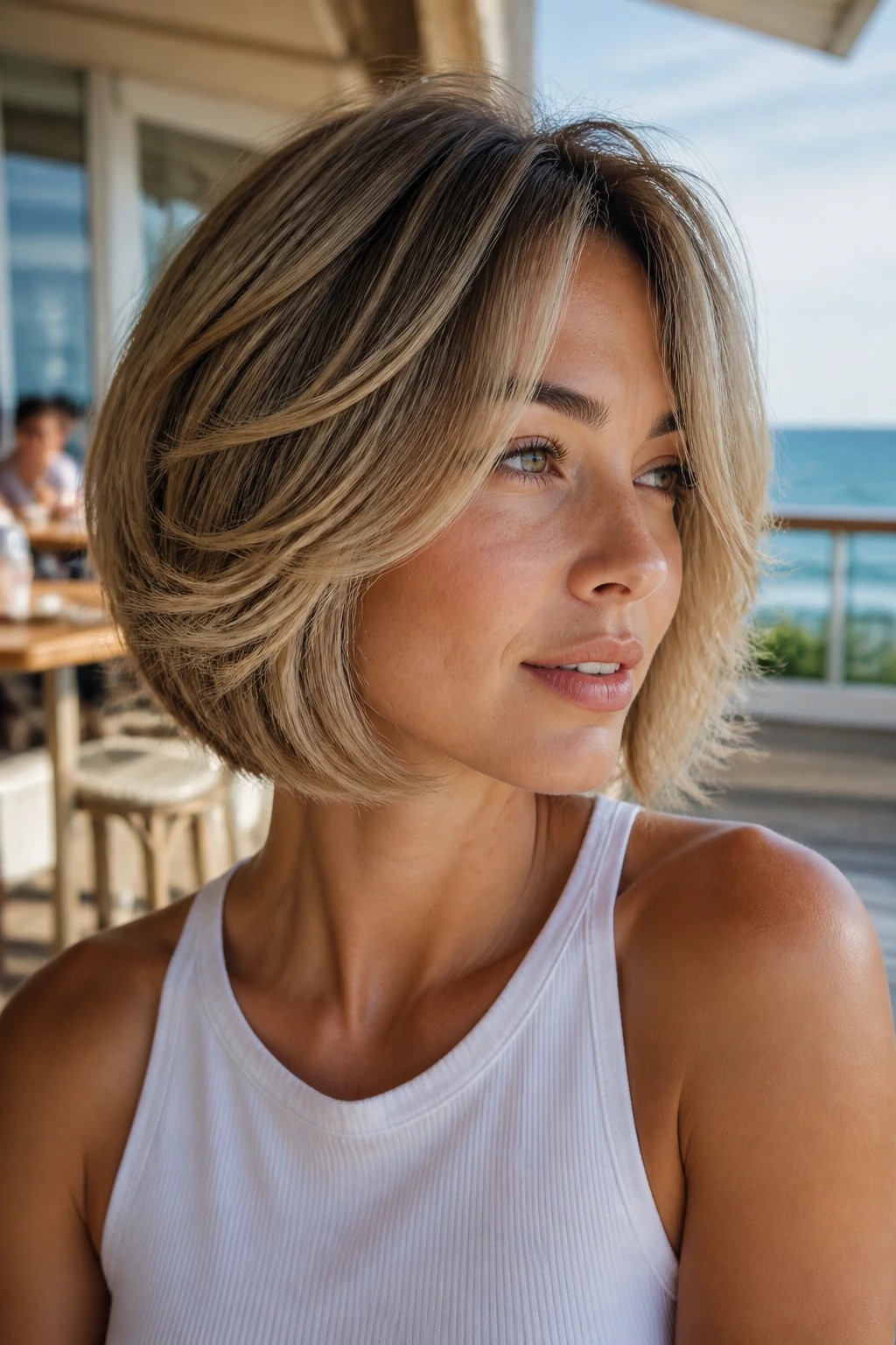 Close-up portrait of a real woman with a soft feathered bob