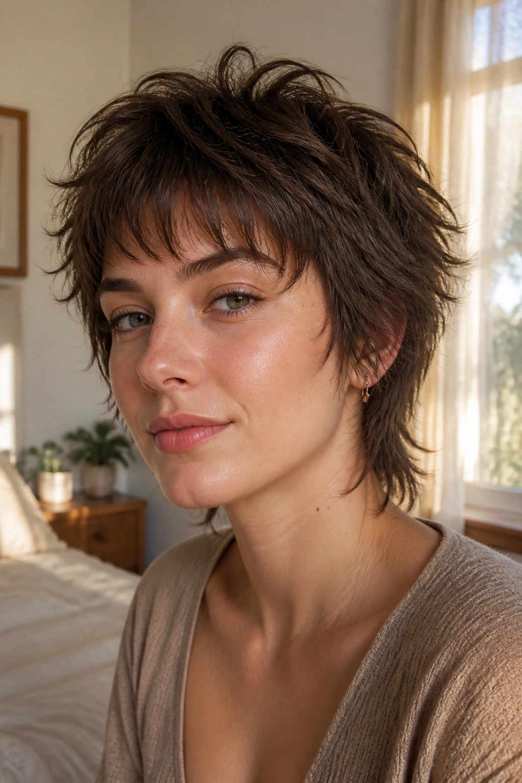 Close-up portrait of a real woman with a soft feathered pixie wolf cut, crown lifted and airy layers.