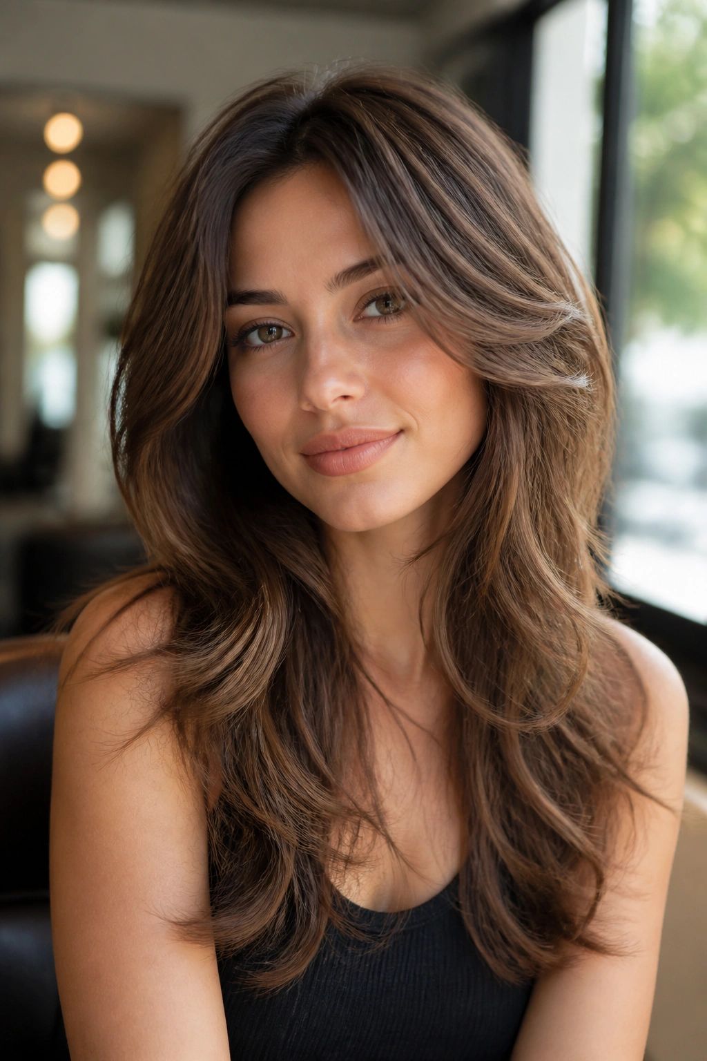 Close-up of a real woman with soft feathered long shag without bangs, natural window light