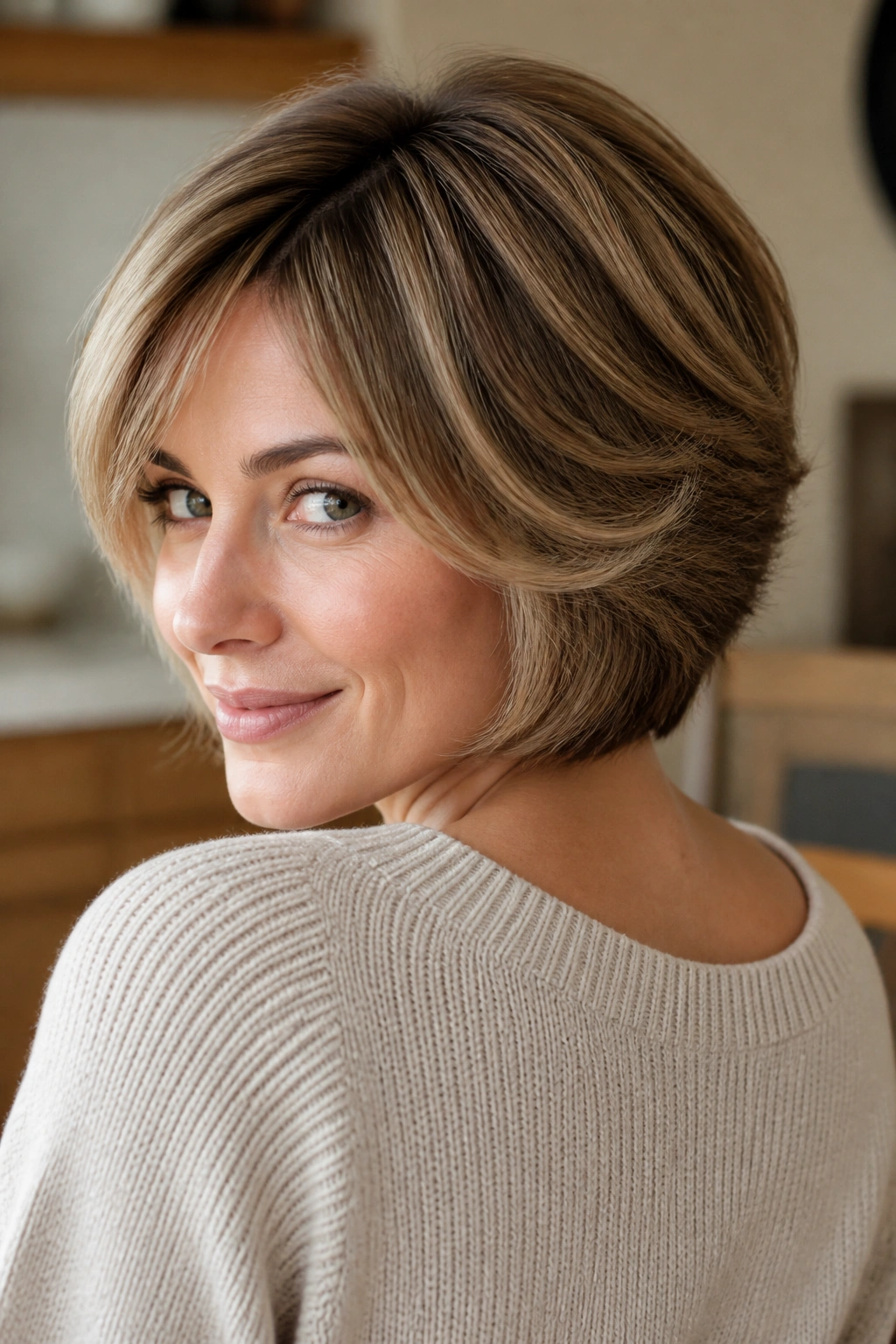 Close-up of a real woman with a soft feathered stacked bob showing gentle layers