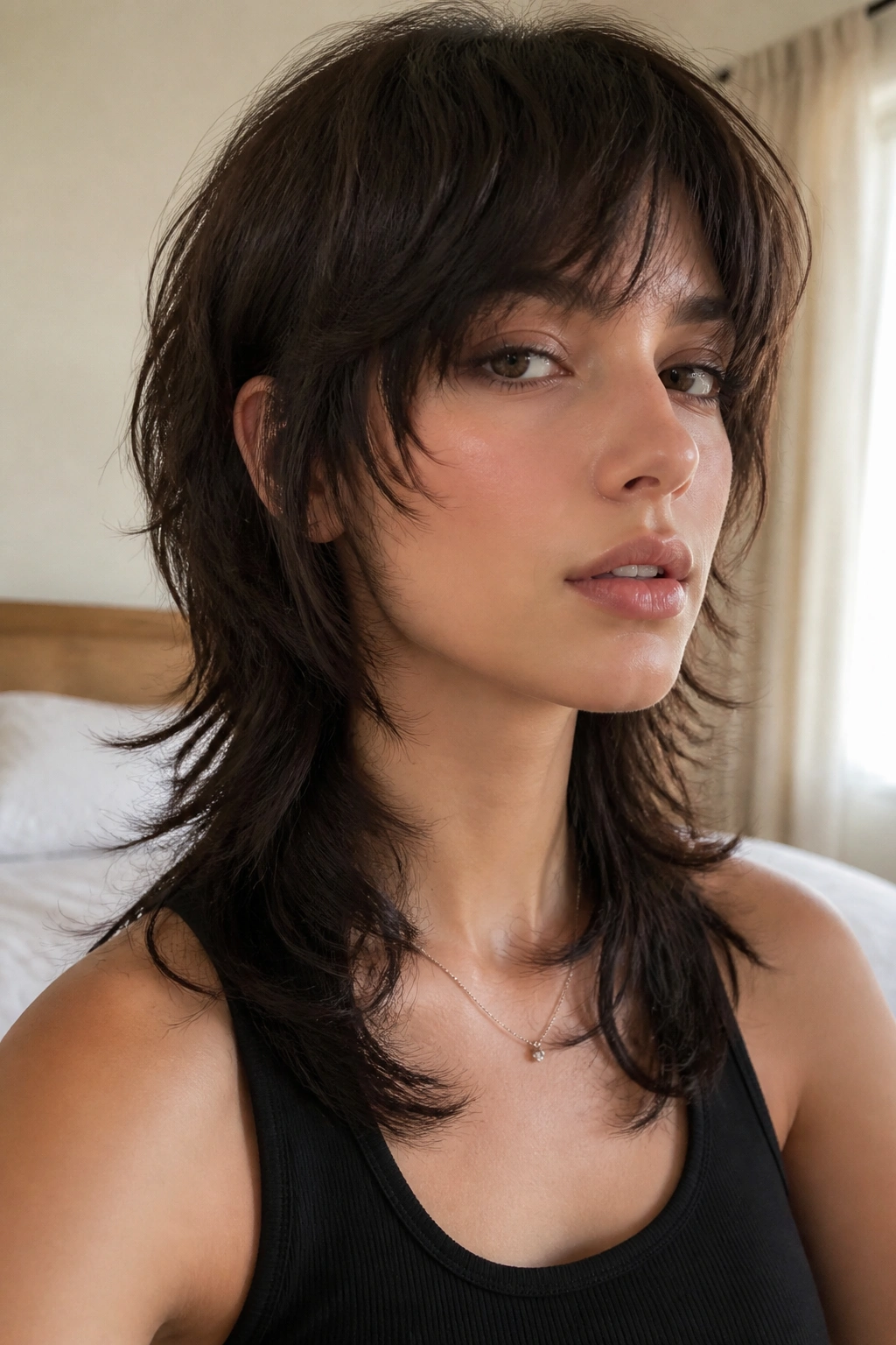 Close-up of a person with soft feminine wolf cut mullet
