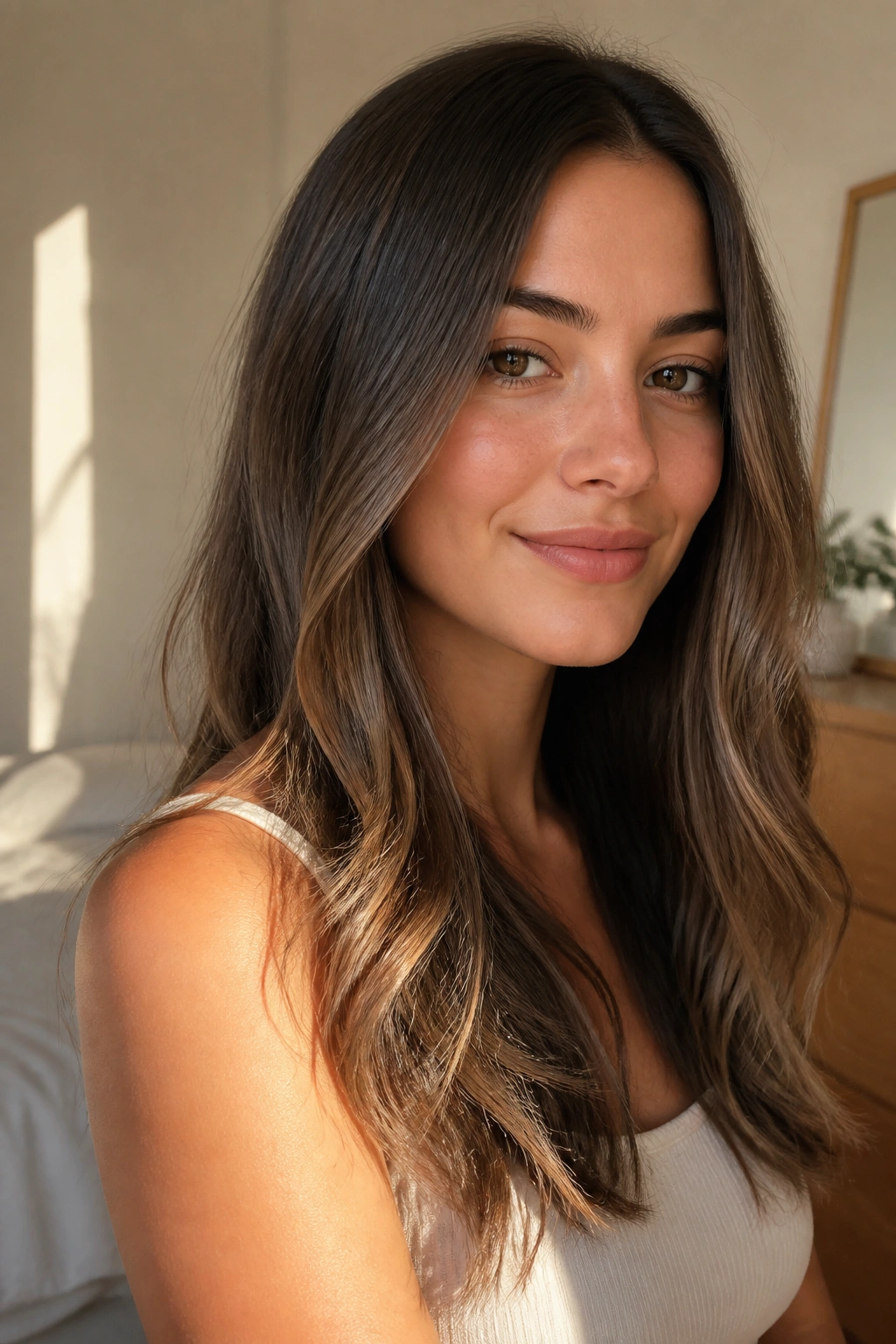 Close-up of a woman with soft flat-iron waves in her hair.