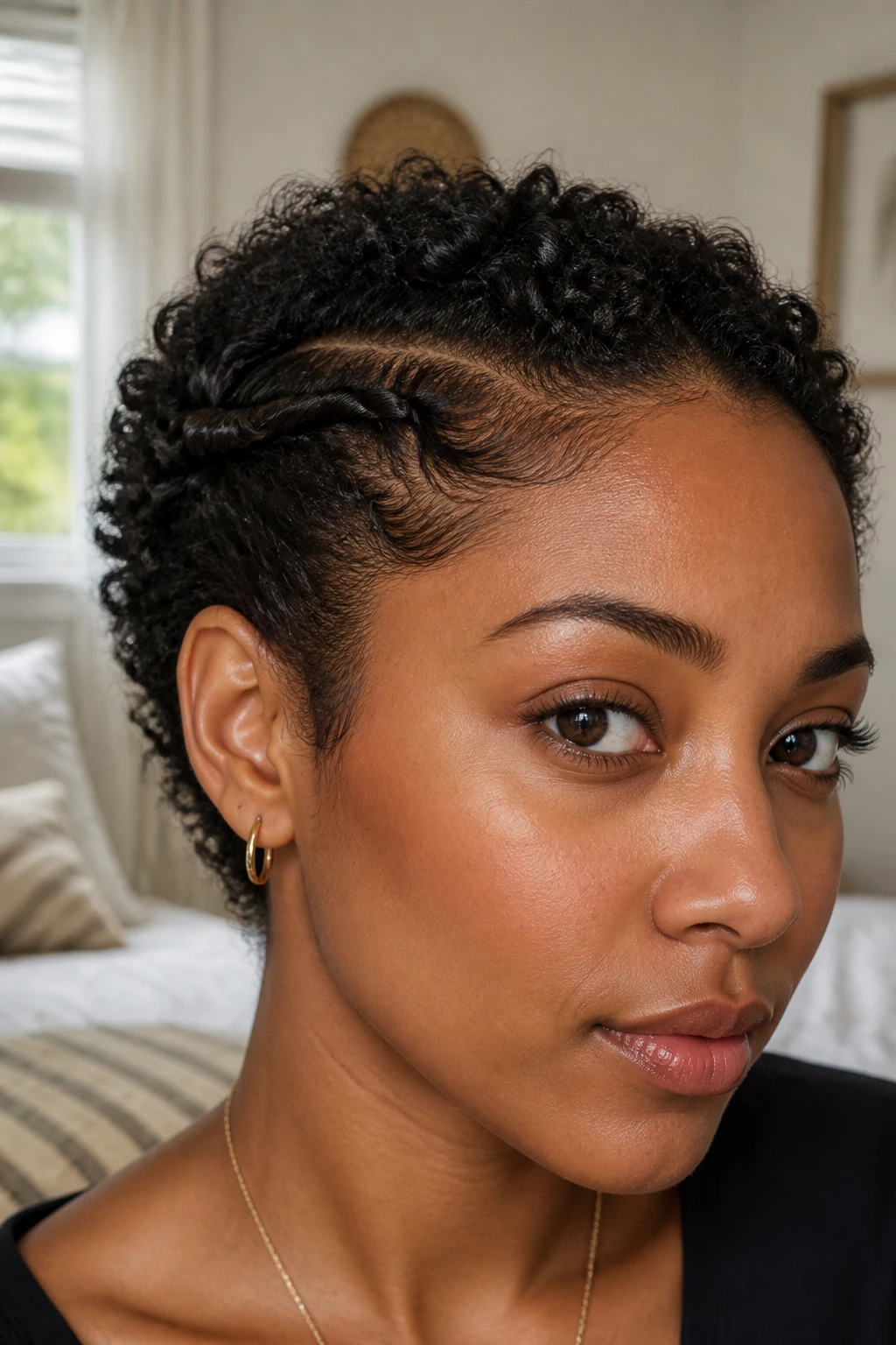 Close-up of a real woman with a soft flat twist along the hairline on short curly hair