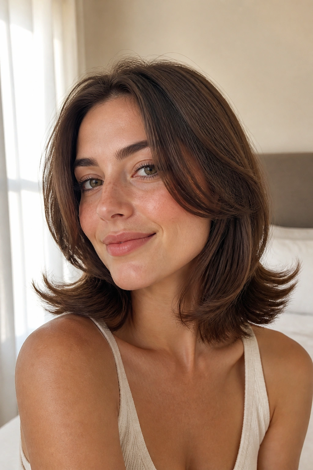 Close-up of a person with softly flipped hair at ends