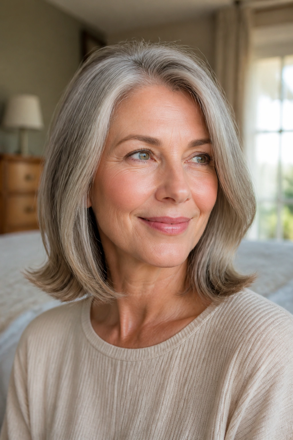 Close-up of a woman with soft flip-out ends on shoulder-length hair in warm window light