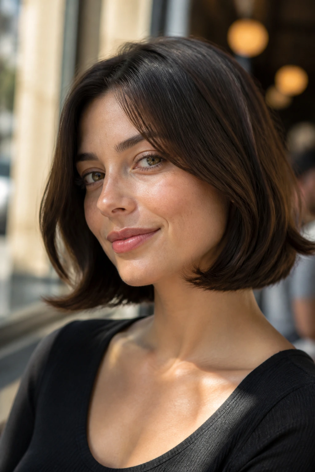 Close-up of real woman with soft flipped-end bob under warm light