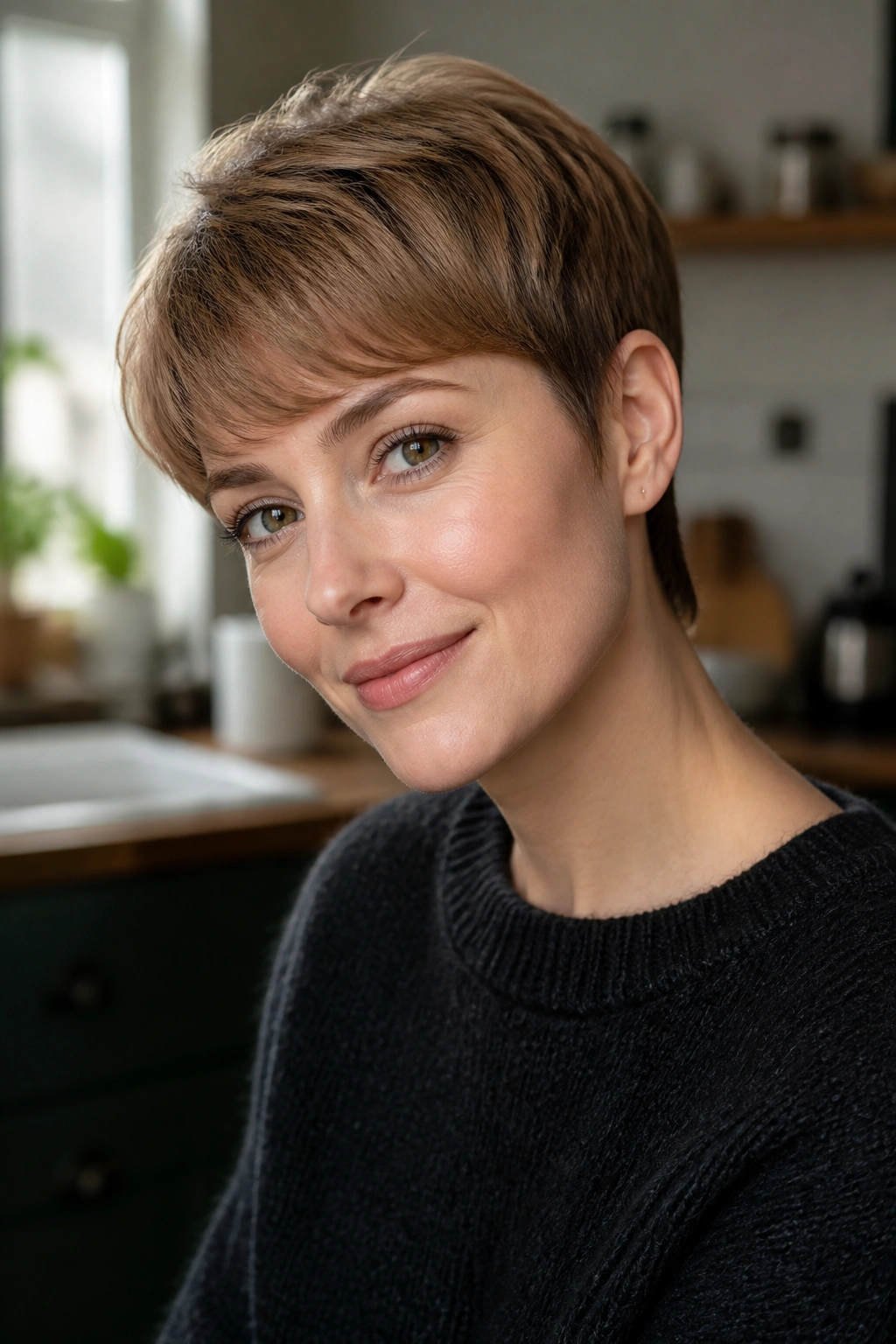 Close-up portrait of a real person with a soft-focus pixie hairstyle and rounded edges.