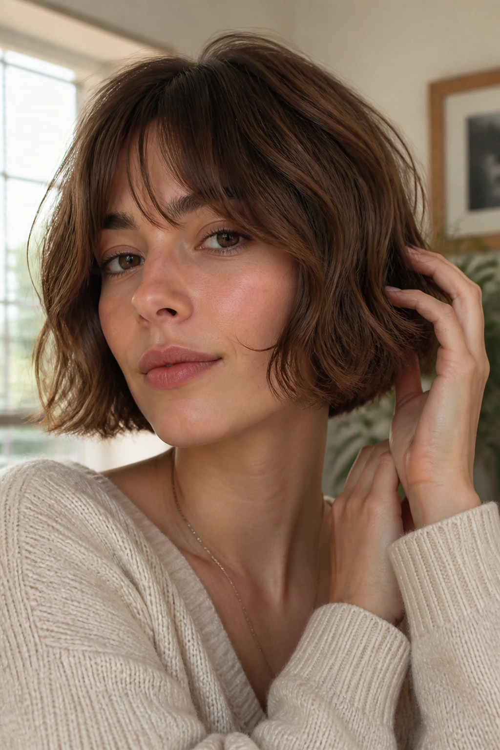 Close-up of a woman with a soft French bob and a gentle bend in natural light