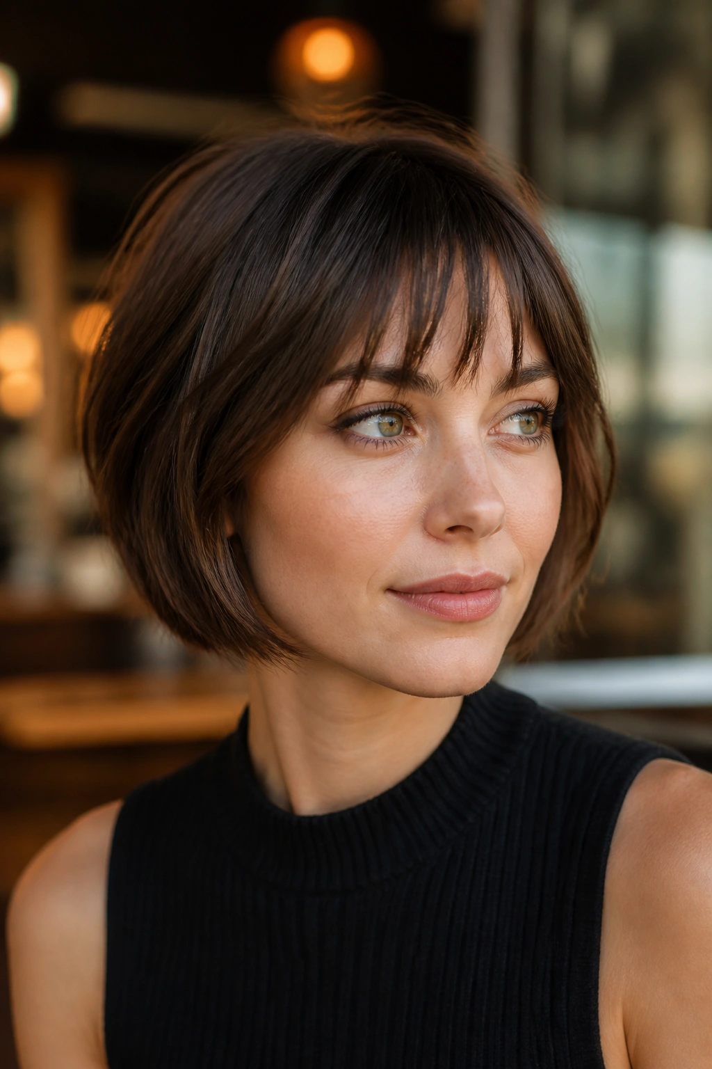 Close-up of a woman with soft French bob and piecey bangs in chic cafe lighting