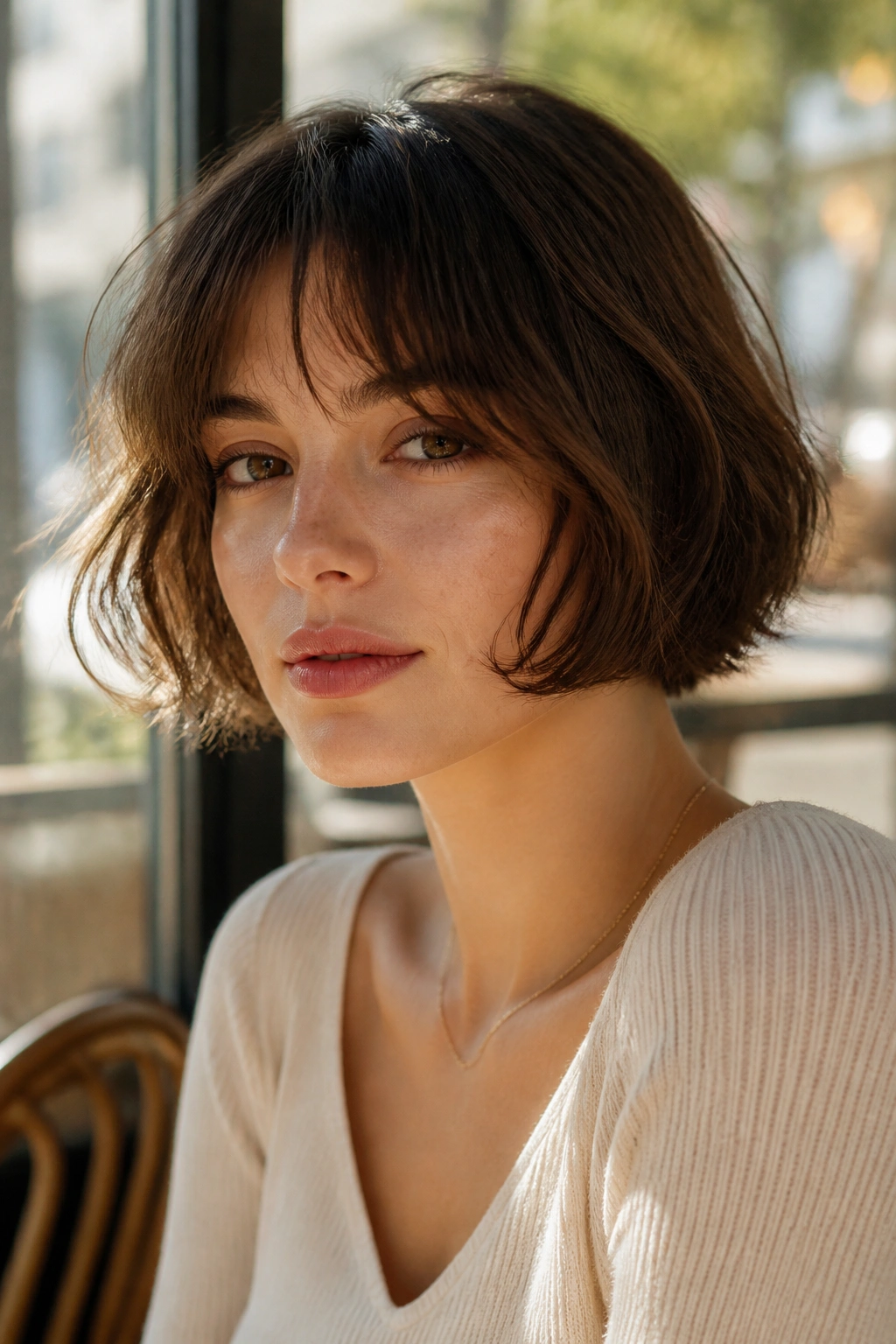 Real woman with soft French bob under natural cafe light