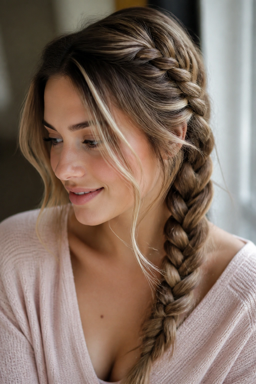 Portrait of a real woman with a soft French side braid and face-framing pieces