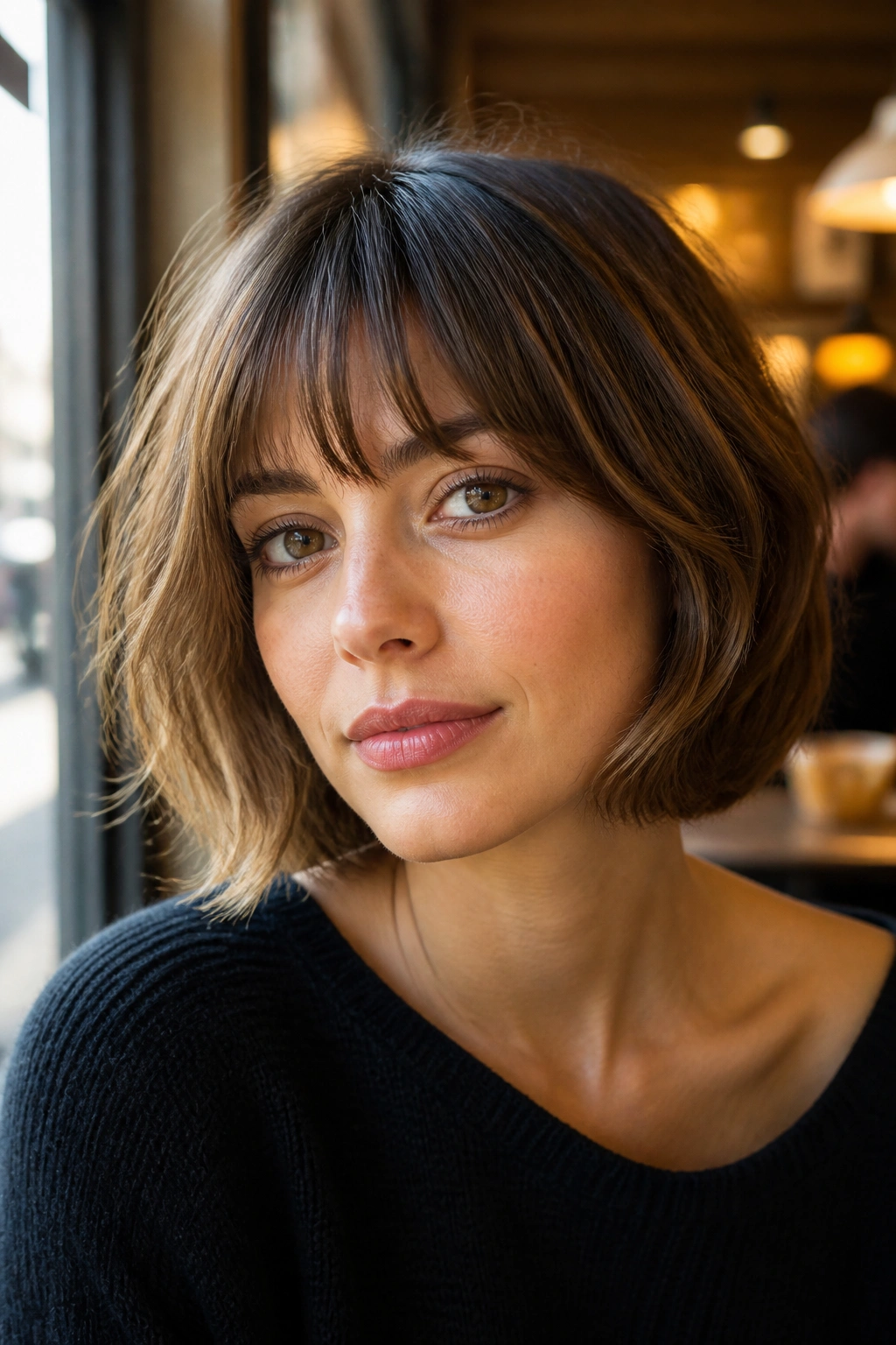 Close-up of woman wearing soft French layered bob ending below cheekbone