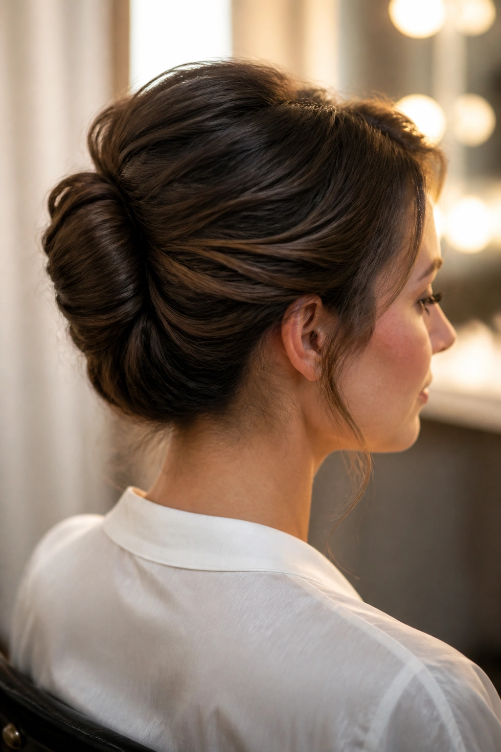 Back view of a real woman with a soft rounded French roll at the back
