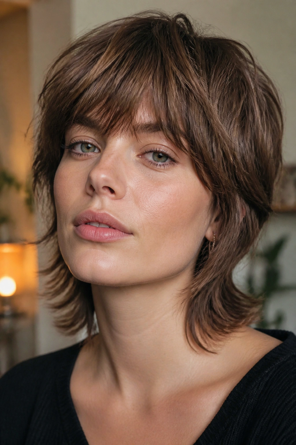 Close-up portrait of a woman with Soft French Shag featuring fringe and feathered ends