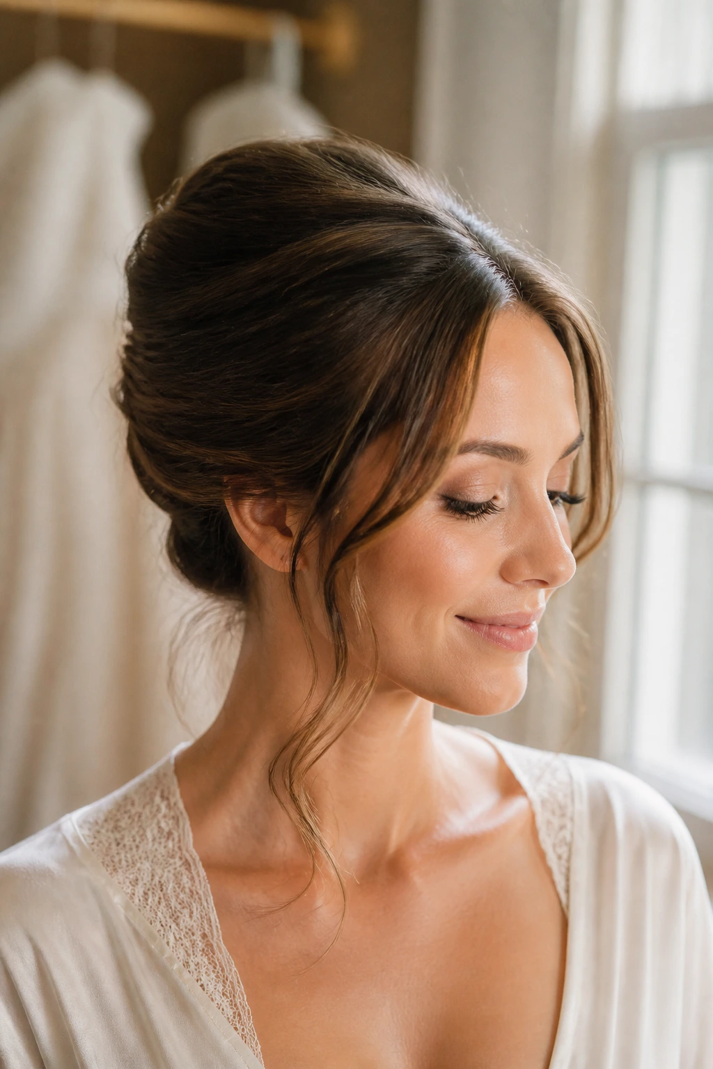 Close-up portrait of a real woman with Soft French Twist and face-framing pieces