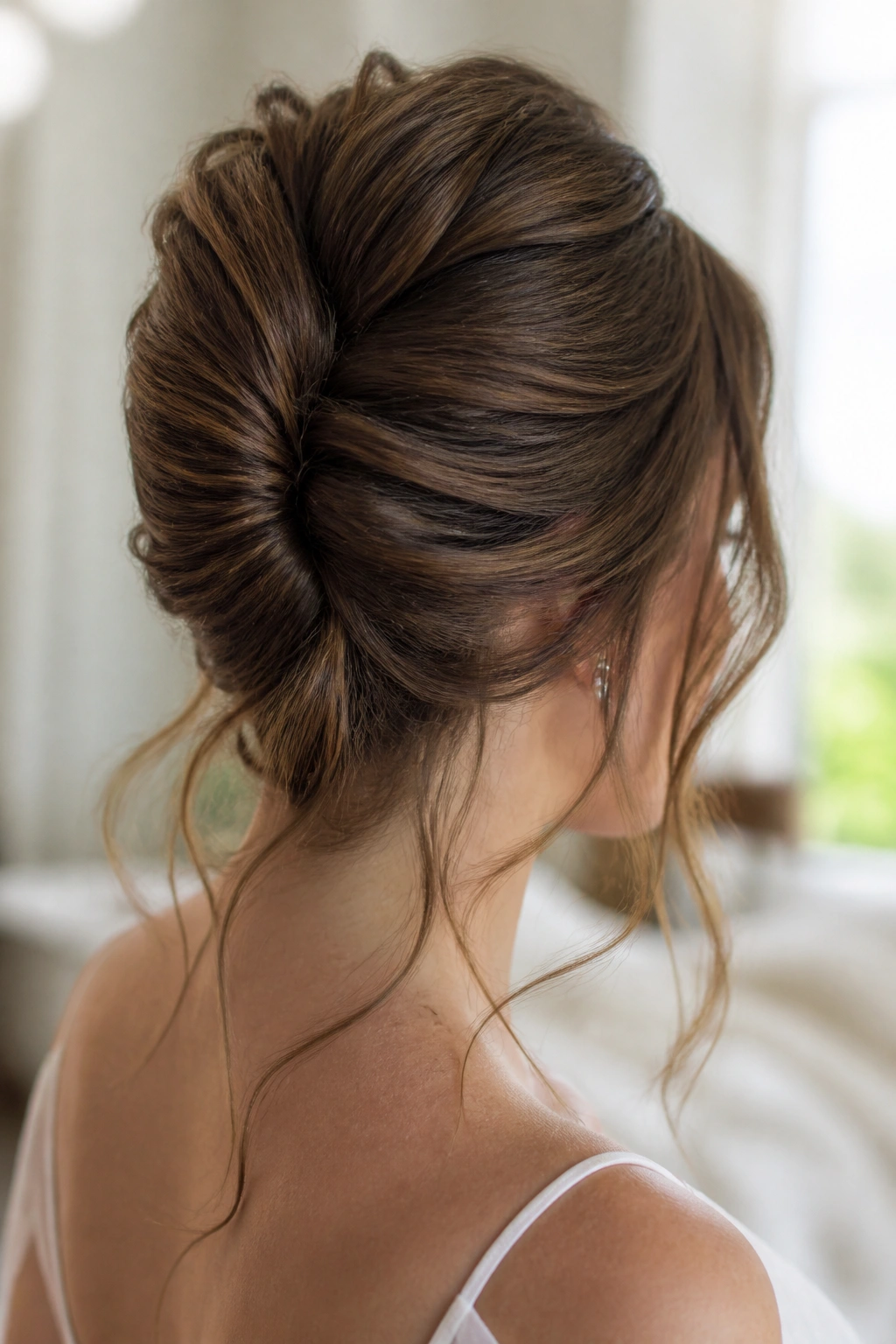 Close-up of real woman with soft French twist and loose ends