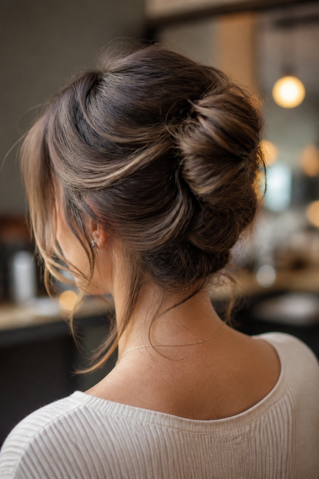 Rear three-quarter view of a real woman with a soft French twist and loose ends