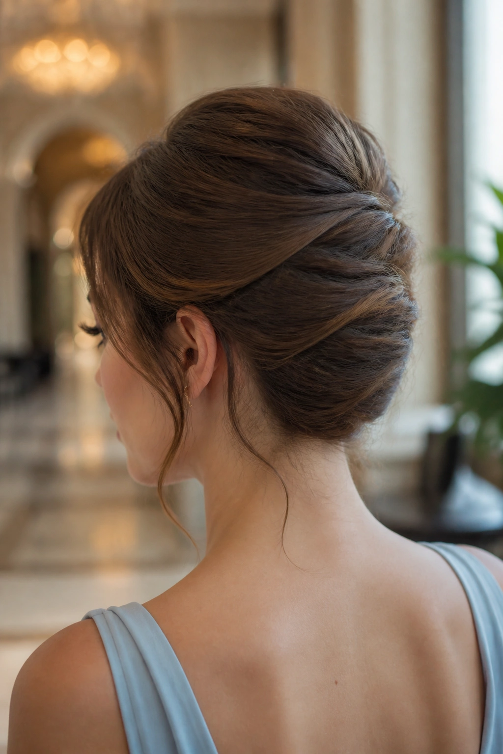 Close-up of a real woman with a soft French twist on medium-length hair.