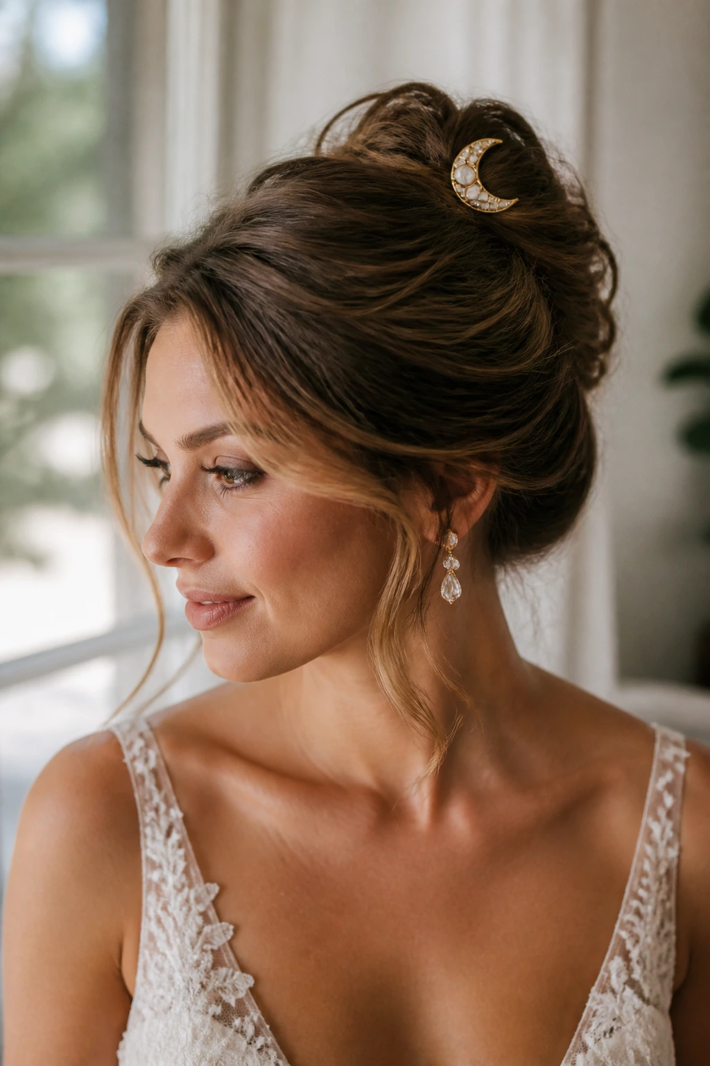 Close-up of a bride showing a textured soft French twist with a moon pin