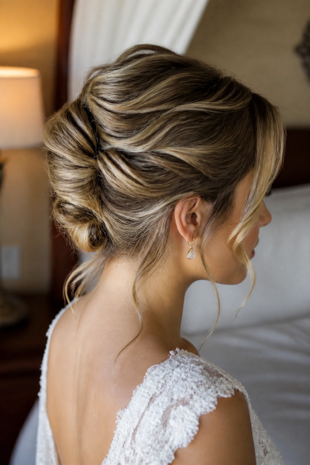 Real bride with soft French twist and waved finish