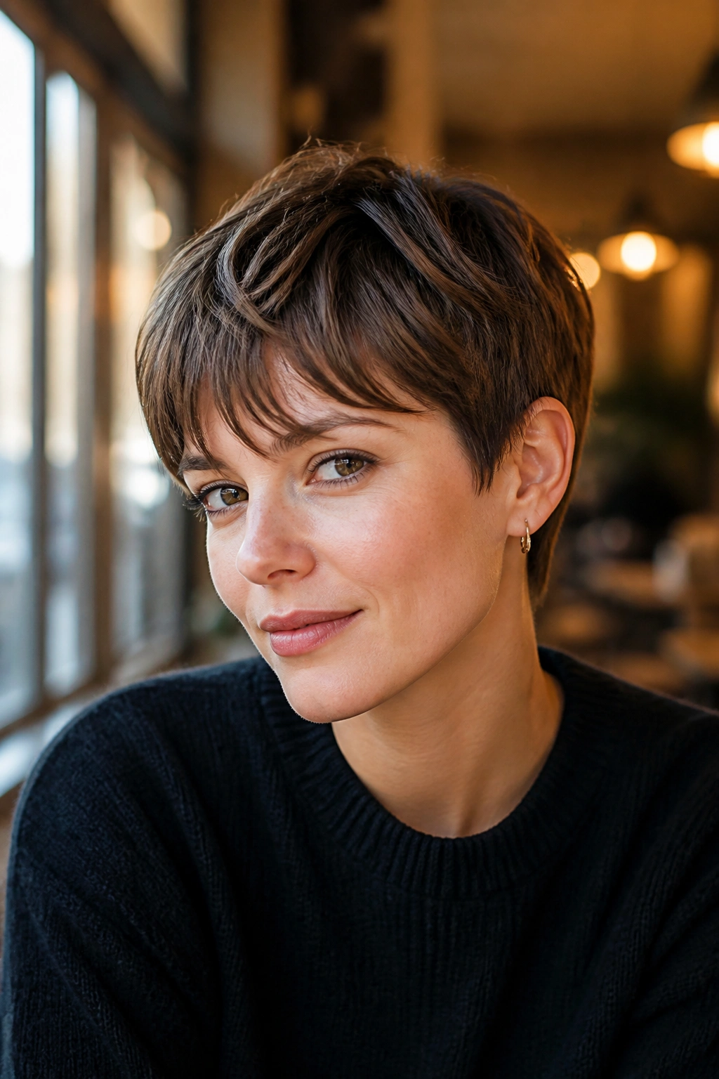 Portrait of real person with soft fringe French pixie