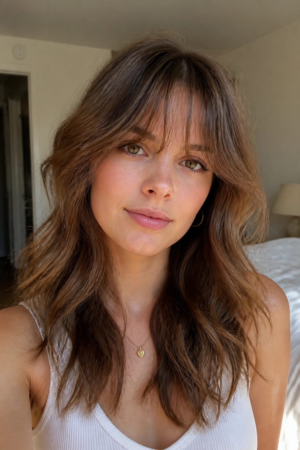 Close-up portrait of a real woman with soft fringe and light layers in wavy hair, natural window light