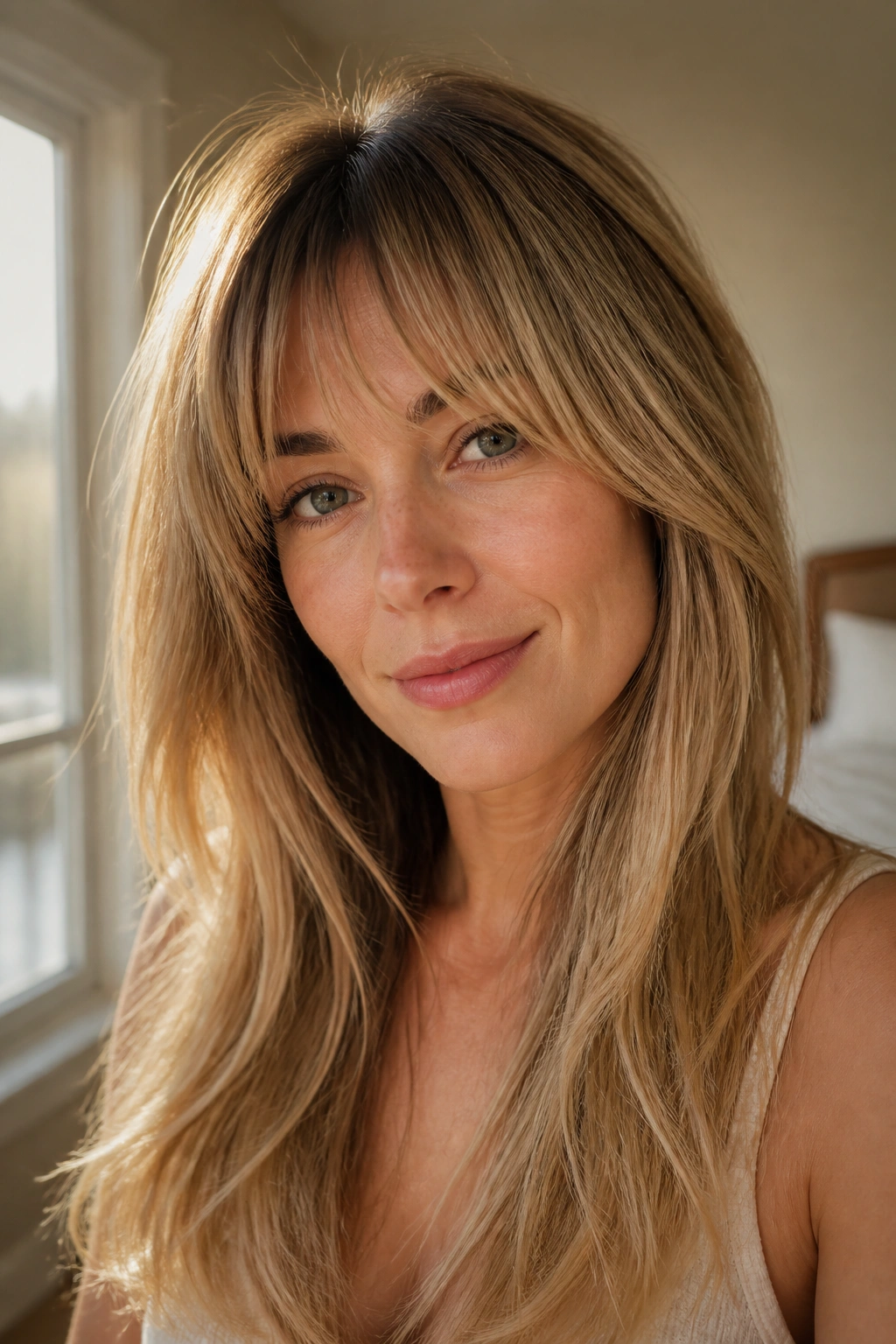 Close-up of a real woman with a soft fringe blending into layered hair in natural light