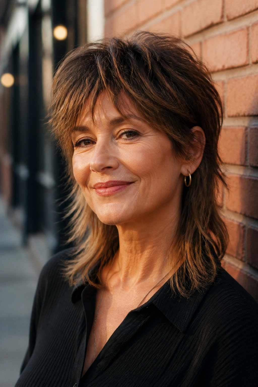 Close-up of a real woman with a Modern Mullet with Soft Fringe hairstyle.
