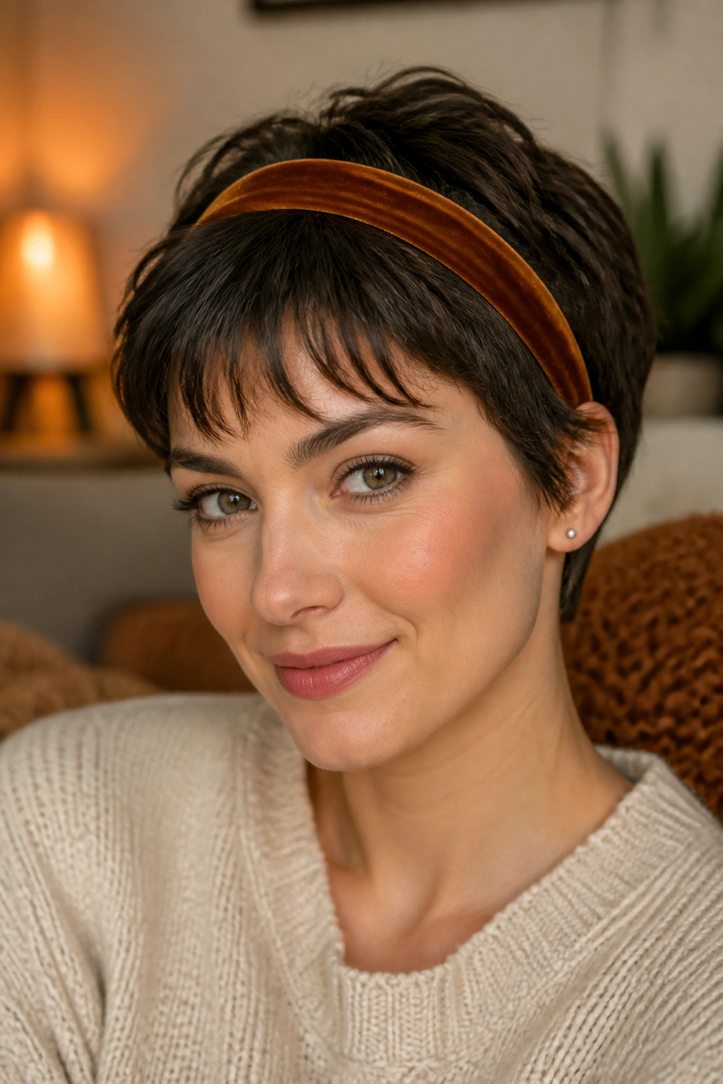 Close-up portrait of a real woman with a soft fringe pixie and velvet headband.