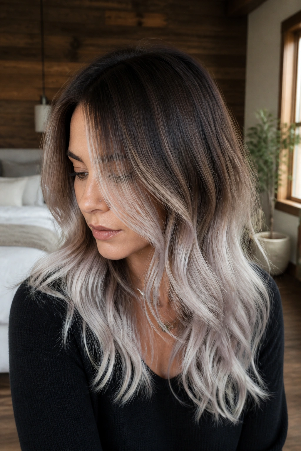 Close-up of a real woman with soft frosted root melt on brown hair in natural daylight