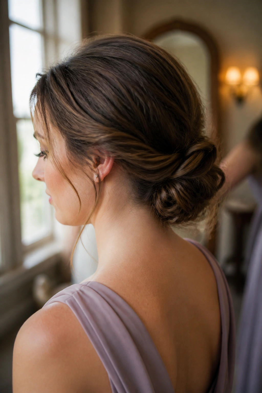 Close-up of real bridesmaid with soft Gibson tuck at nape