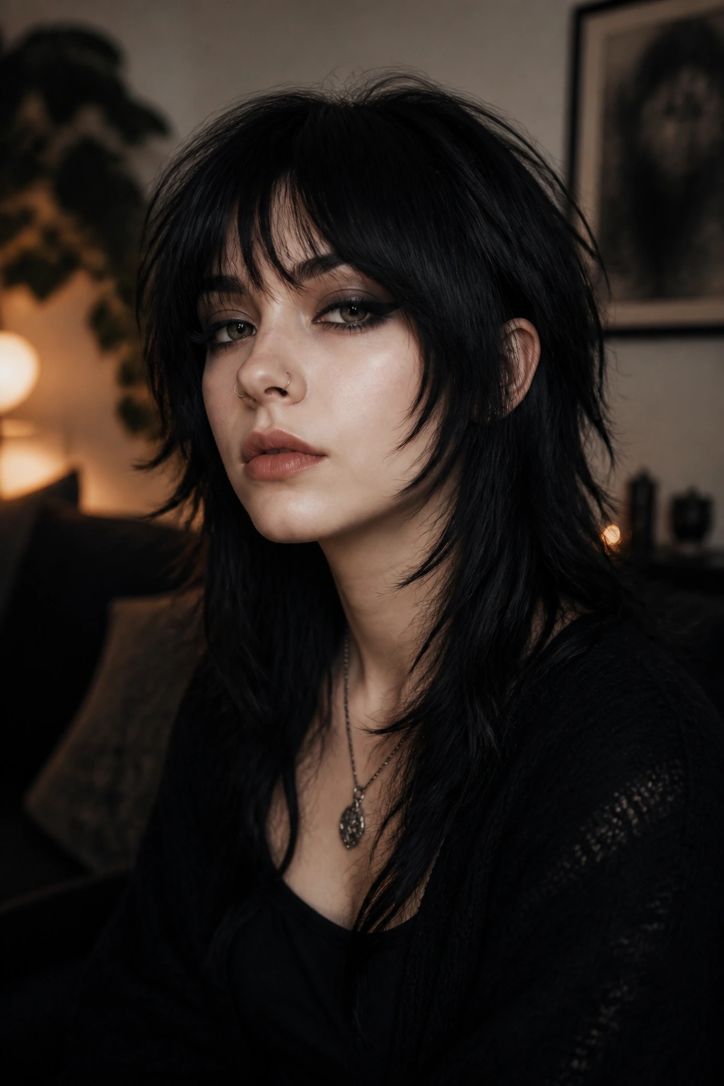 Close-up of a real woman with a soft goth emo wolf cut in a dimly lit room