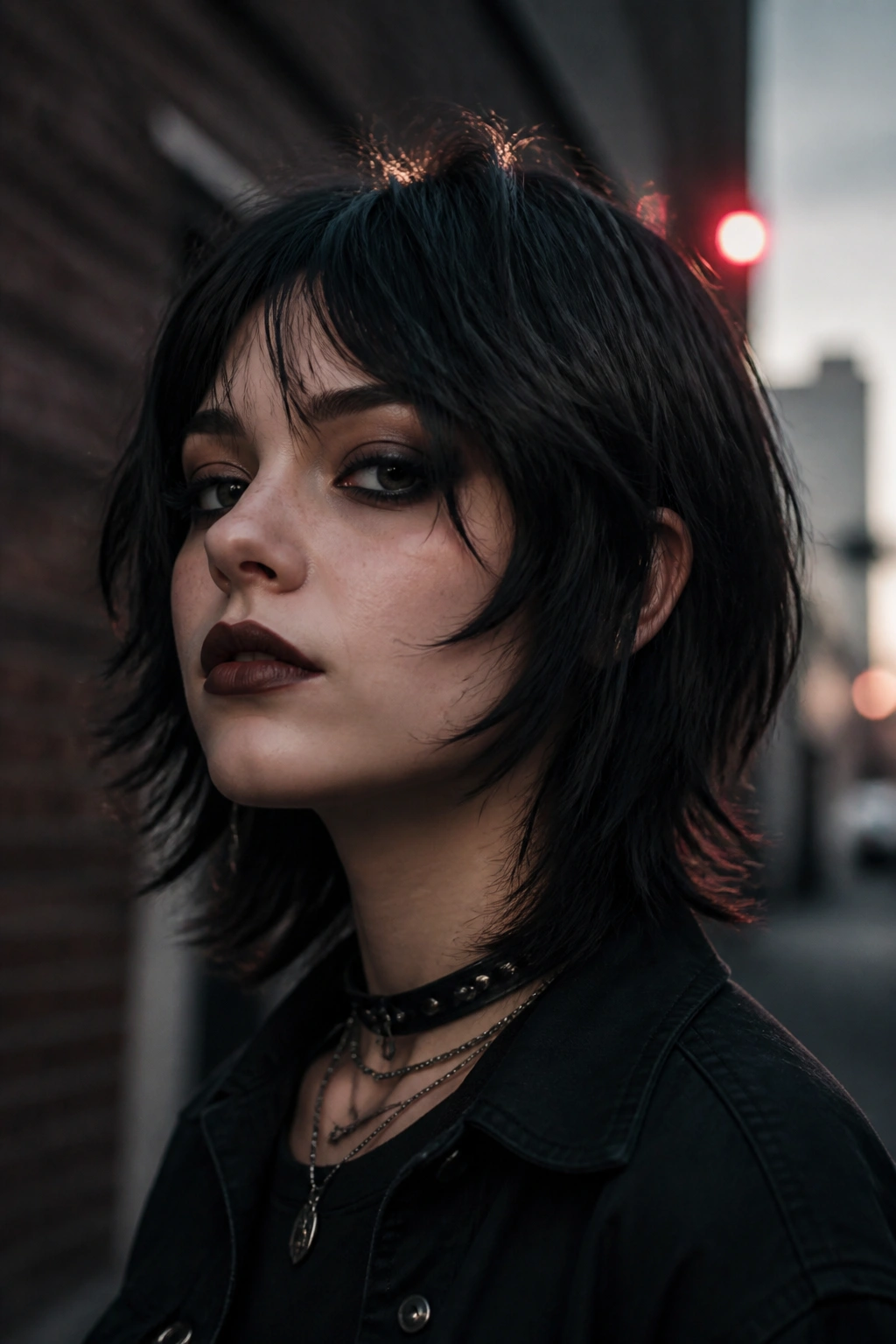 Close-up of a real woman with soft goth shag in moody neon-lit alley