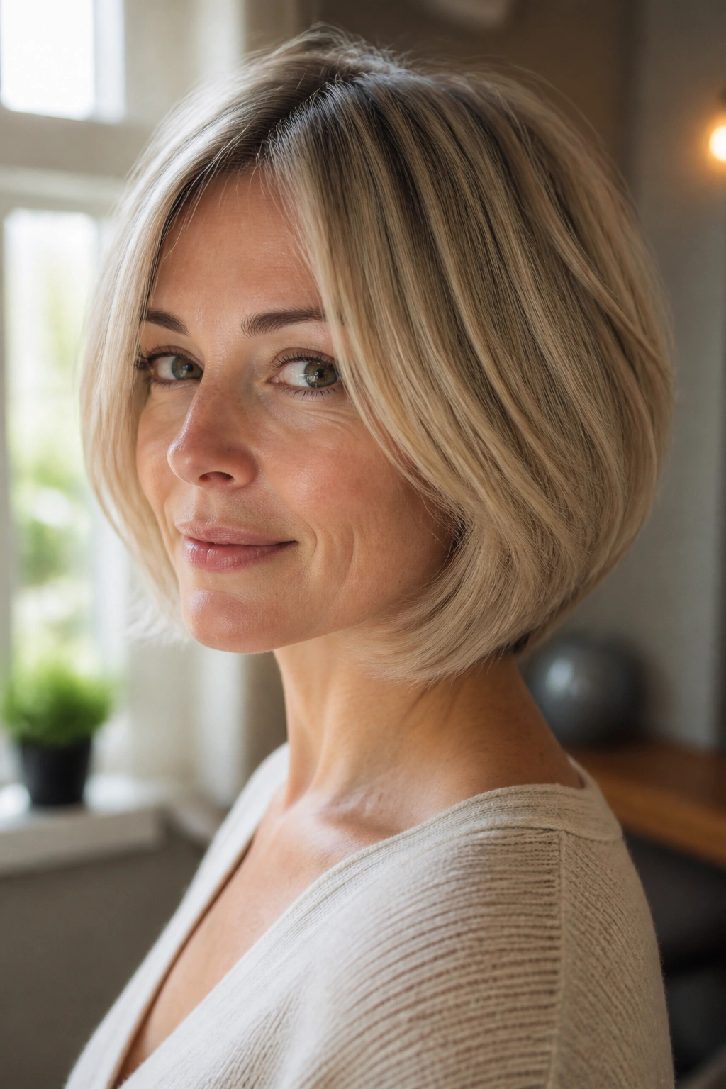 Close-up portrait of a real woman with a soft graduation bob for thin ends showing crown lift