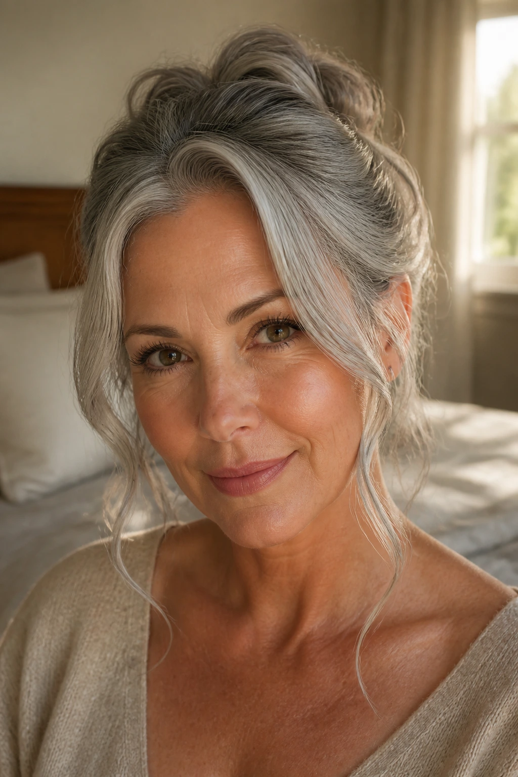Close-up of real woman with soft grey face-framing tendrils